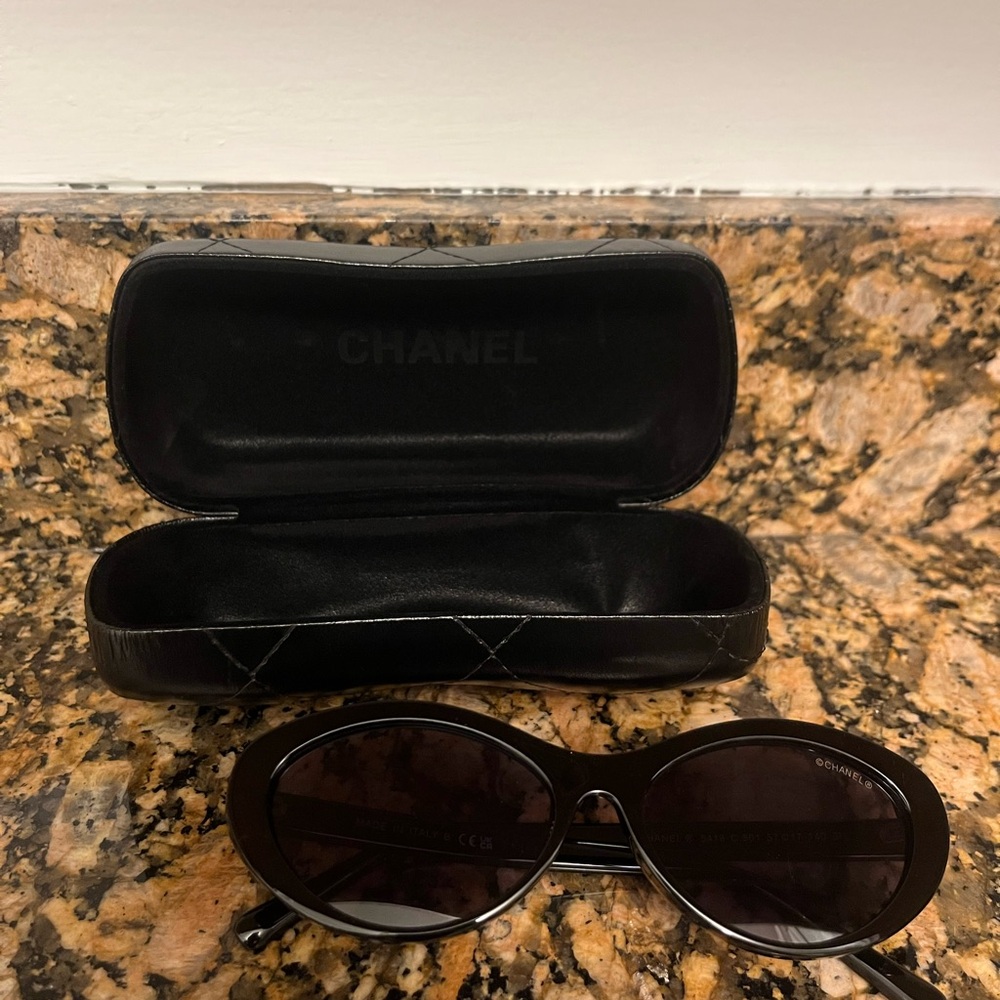 CHANEL Black Oval Sunglasses with Case
